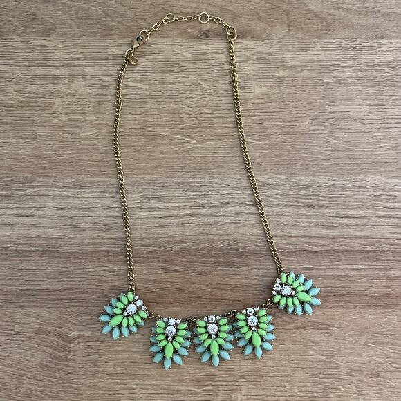 J Crew Factory Gold Tone Statement Necklace Green Blue Rhinestones 21" - Picture 1 of 4
